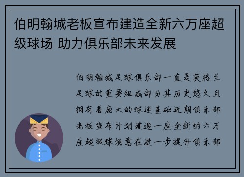 伯明翰城老板宣布建造全新六万座超级球场 助力俱乐部未来发展